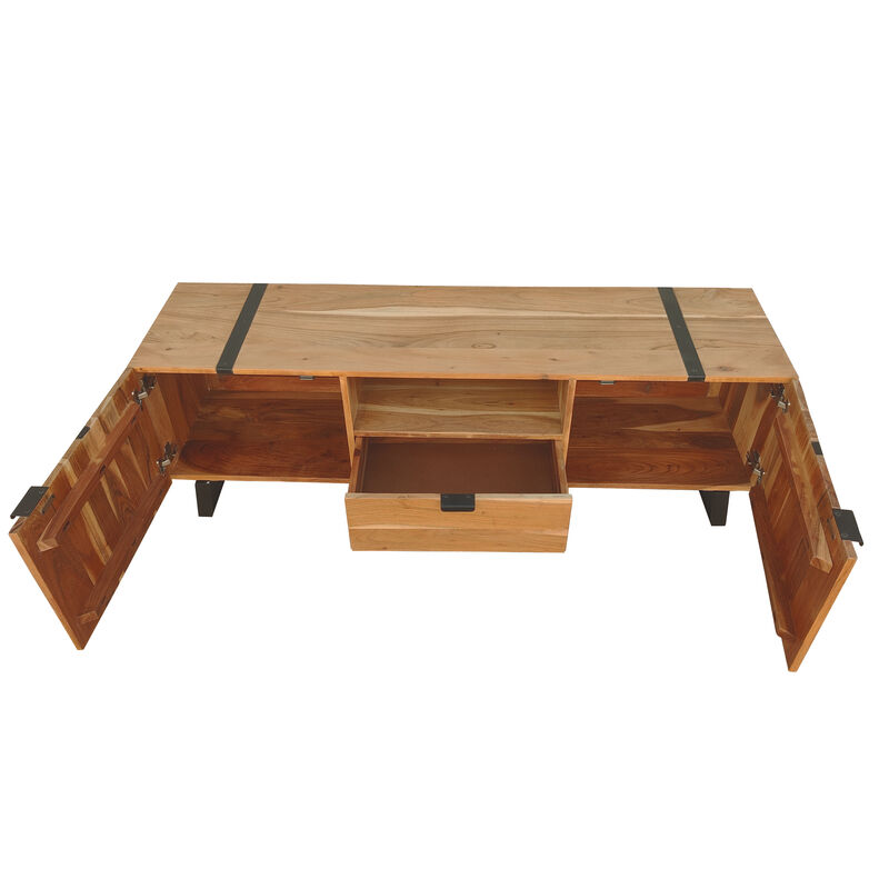 Aza 59 Inch Handcrafted TV Console with Drawer Natural Brown Acacia Wood Cabinet - Benzara