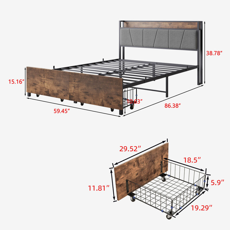 Vintage Brown Queen Size Bed Frame with Storage and Charging Station