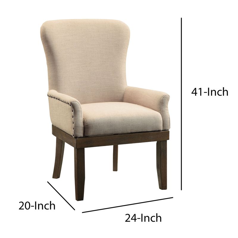 Wooden Arm Chair with Wing Back and Nailhead Trims, Beige and Brown-Benzara