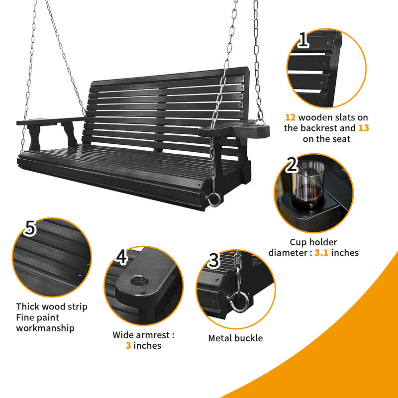 2-Seater Solid Wood Porch Hanging  Swing , Bench Swing with Cup holders, Hanging Chains and 7mm Springs, Heavy Duty 800 LBS, for Outdoor Patio Garden Yard, 4 ft, Black