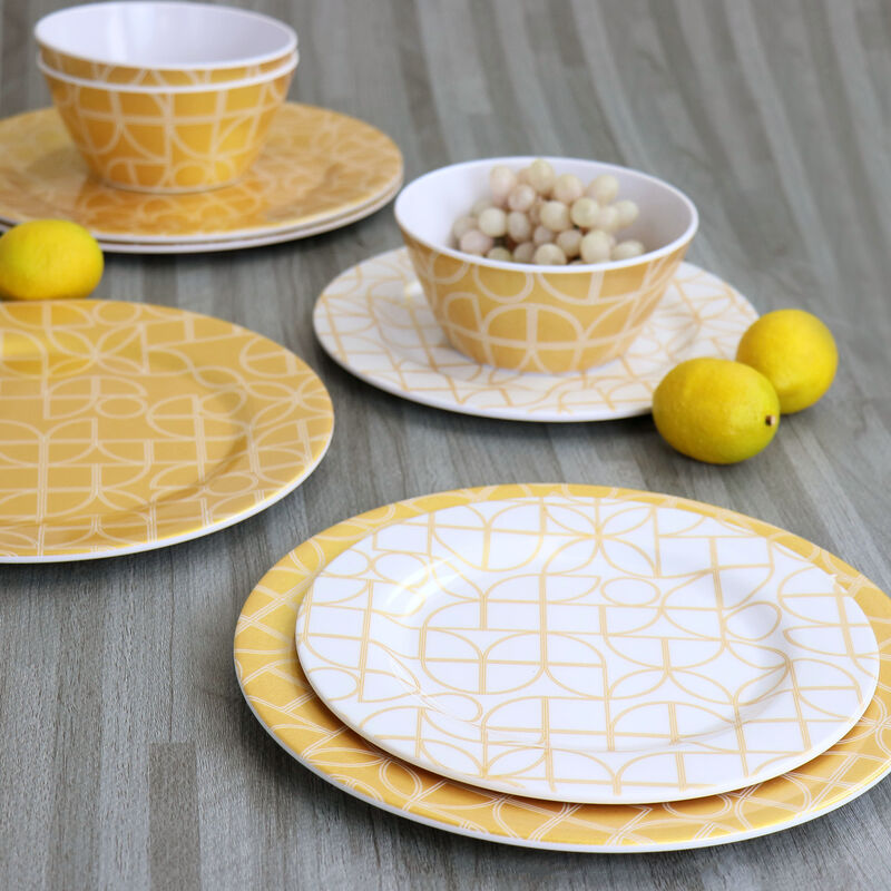 Laurie Gates California Designs Summer Bloom 12 Piece Melamine Dinnerware Set in Gold