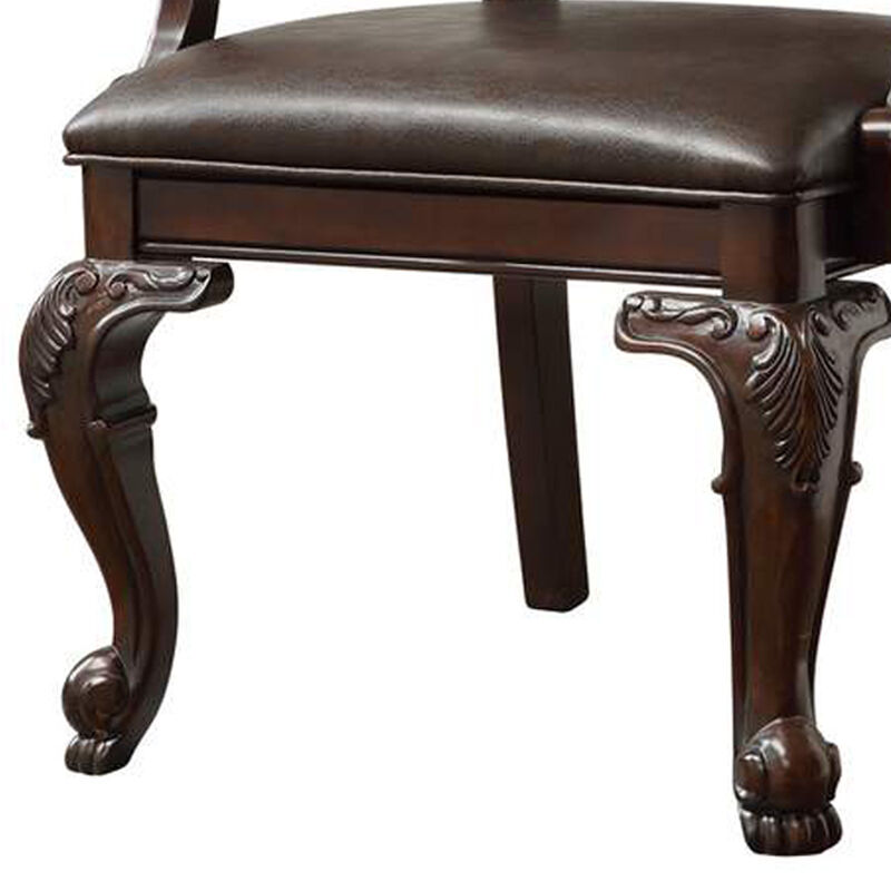 Crowned Top Wooden Side Chair with Leatherette Seating, Set of 2, Dark Brown-Benzara