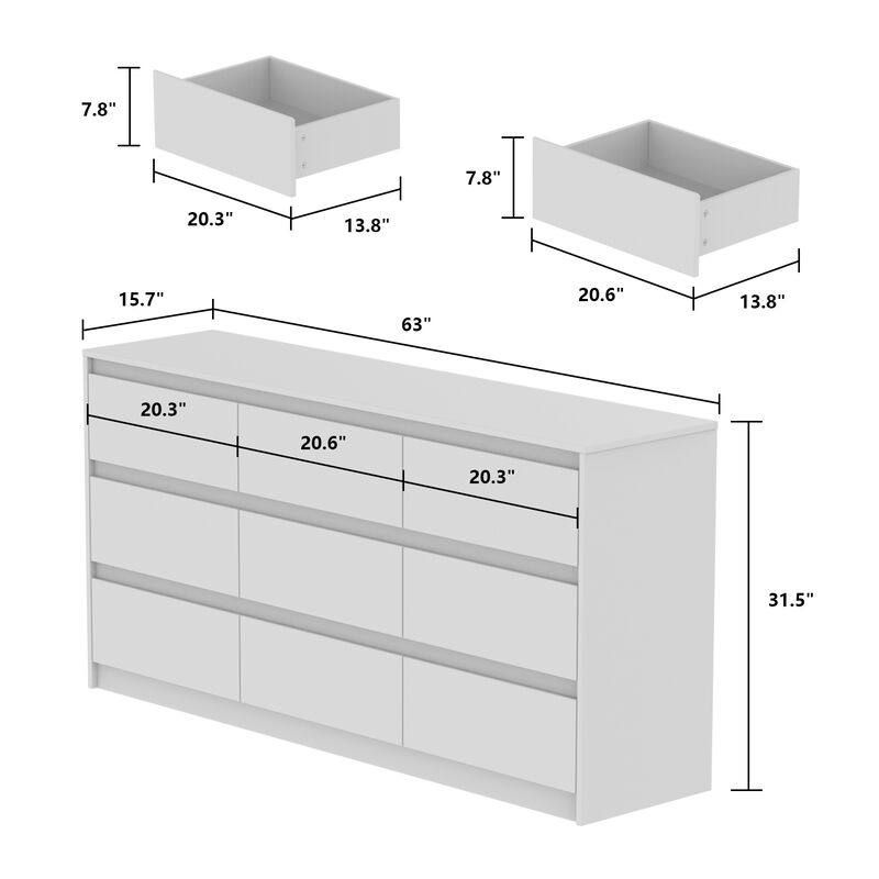 9-Drawer White Paint Finish Dresser Chest of Drawers 31.5 in. H x 63 in. W x 15.7 in. D