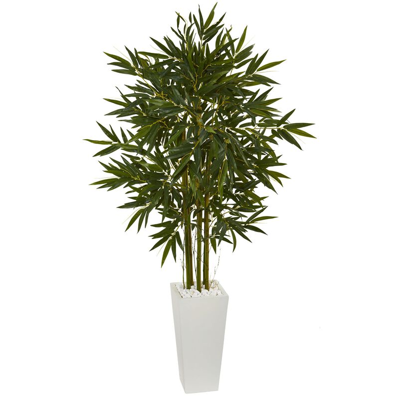 Hivvago 6 Feet Bamboo Artificial Tree in White Tower Planter