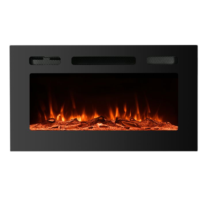 Black 30 in. Wall-Mounted Electric Fireplace with Logs and Crystals, Remote 1500/750W
