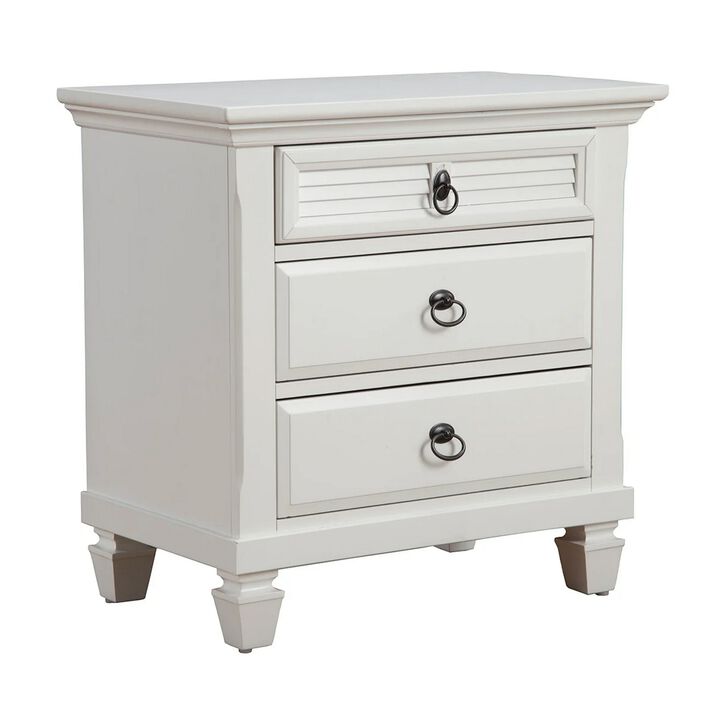 Pine Wood 3 Drawer Nightstand in White-Benzara