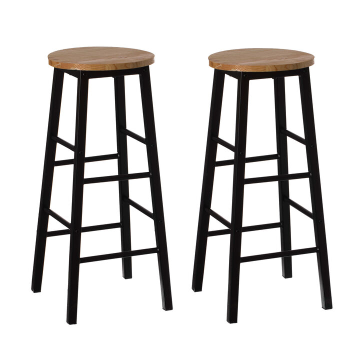 Set of 2 28-Inch Rustic Round Solid Wood Counter-Height Bar Stool with Footrest and Durable Steel Frame, Perfect for Dining Room, Kitchen Island and Home Bar - Ideal for Indoor and Outdoor Parties
