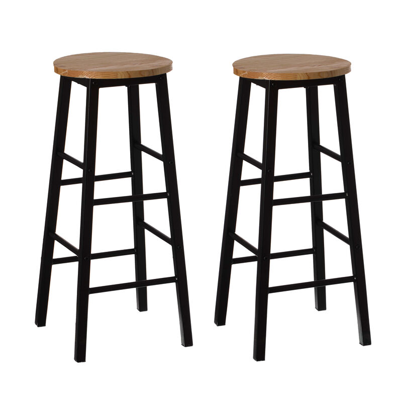 Set of 2 28-Inch Rustic Round Solid Wood Counter-Height Bar Stool with Footrest and Durable Steel Frame, Perfect for Dining Room, Kitchen Island and Home Bar - Ideal for Indoor and Outdoor Parties