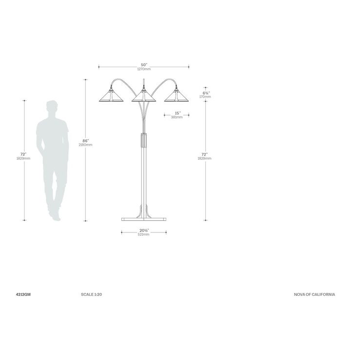 NOVA OF CALIFORNIA Natural Mica 3 Light Arc Floor Lamp - Charcoal Gray Wood