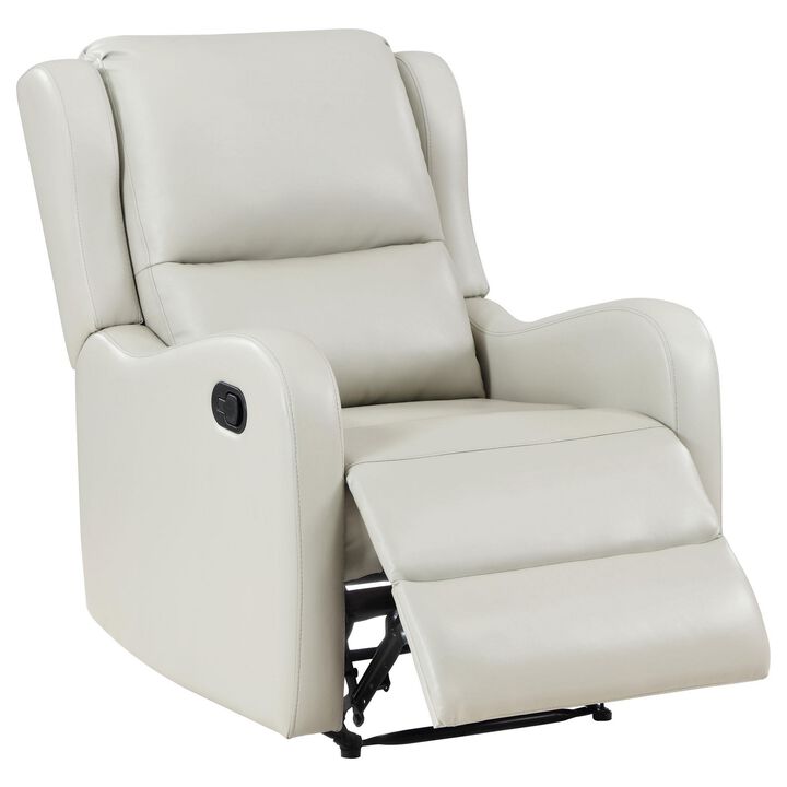 Mayra Manual Recliner Chair, English Arms, Plush Ivory Faux Leather - Benzara