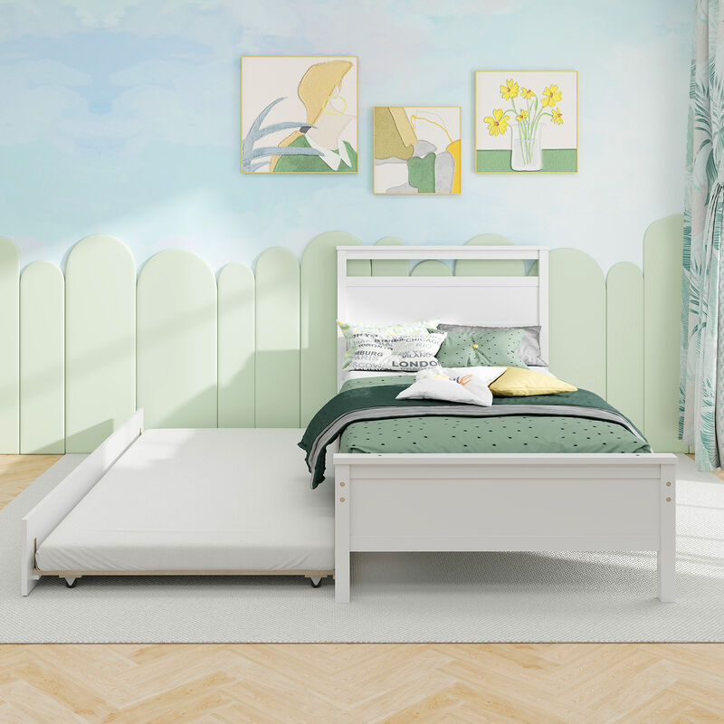 Twin Size Wooden Bed Frame with Trundle for Teens and Adults