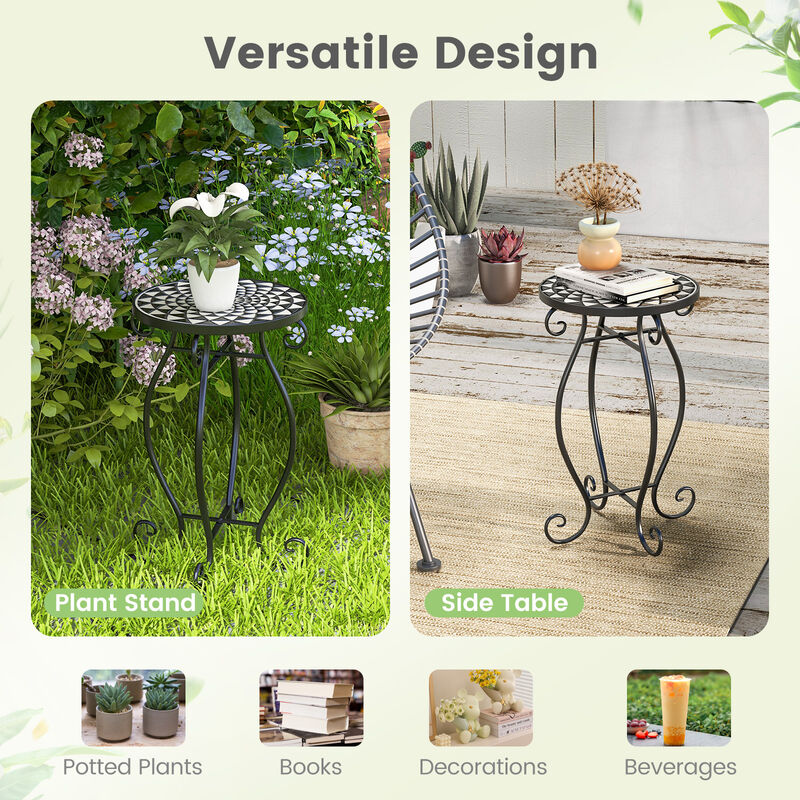 Small Plant Stand with Weather Resistant Ceramic Tile Tabletop-Black & White