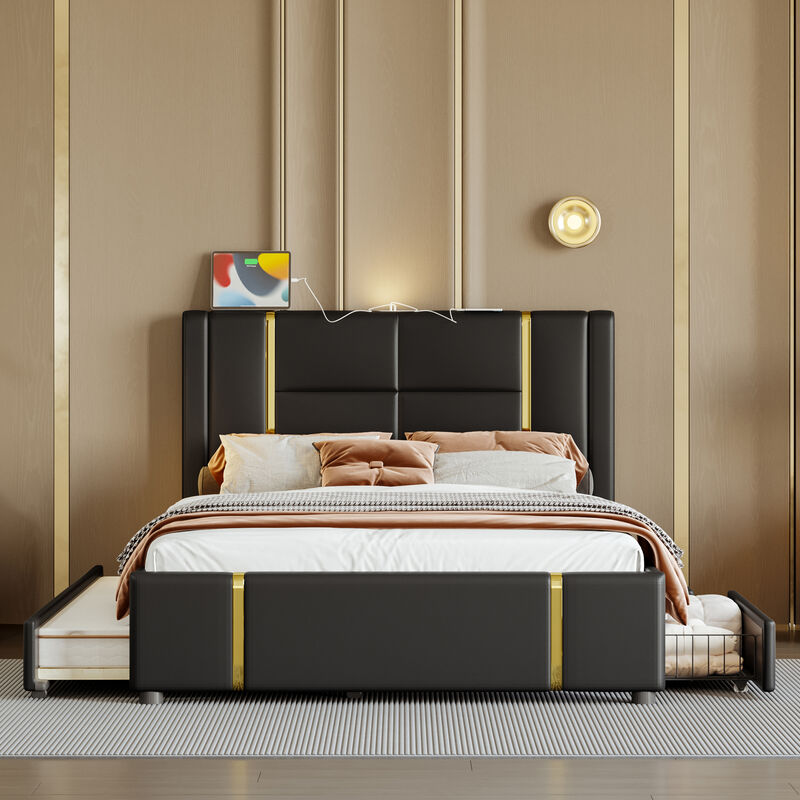 Merax PU Upholstered Platform Bed with Trundle