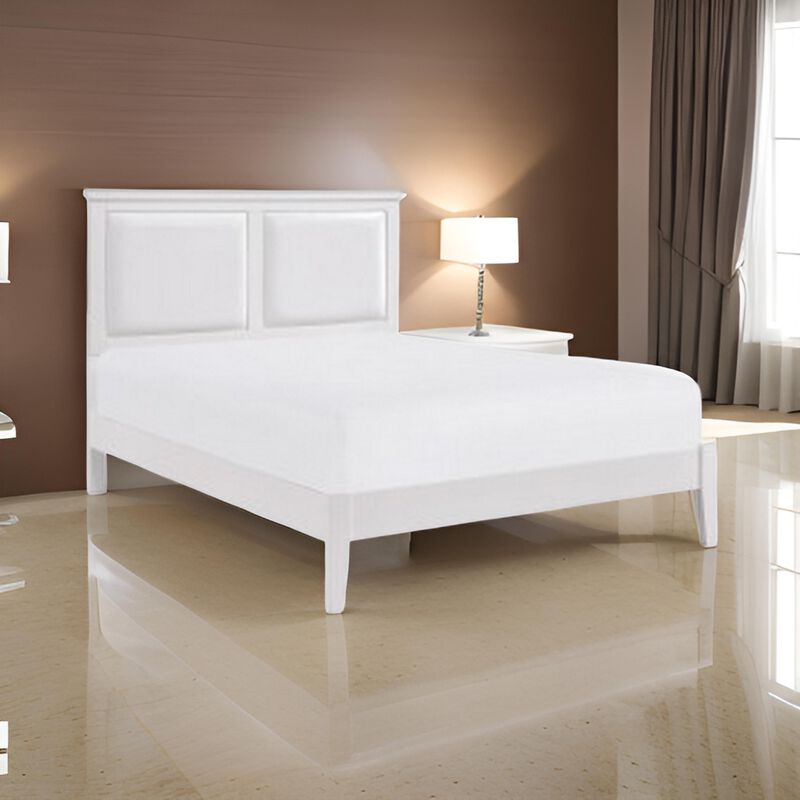 Brite Queen Size Bed, White Faux Leather Upholstered Headboard, Low Profile - Benzara