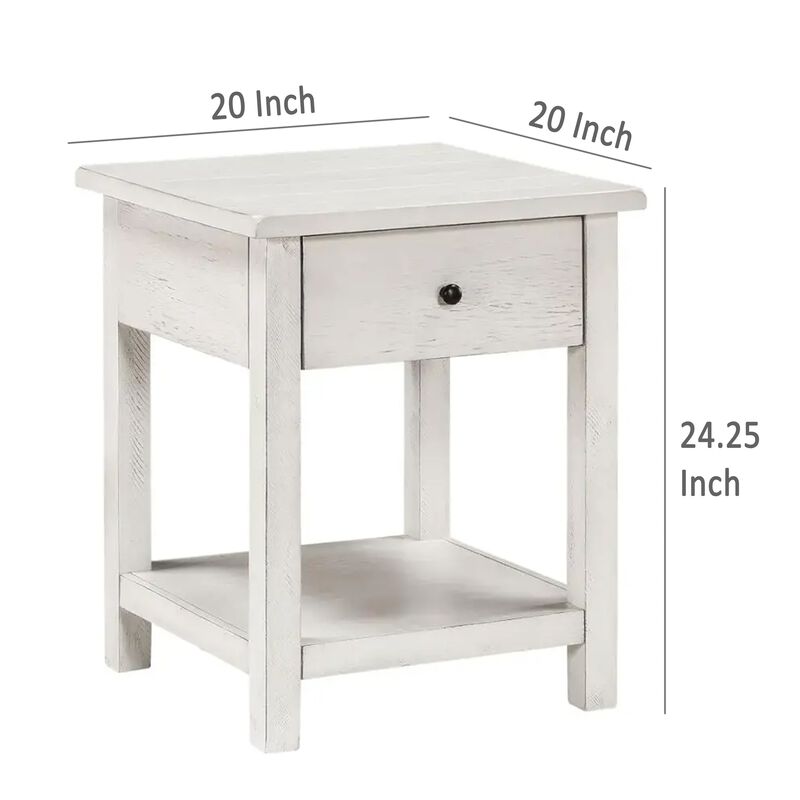 Ayne Side End Table, 1 Drawer, Distressed White Wood, Square 20 Inch - Benzara