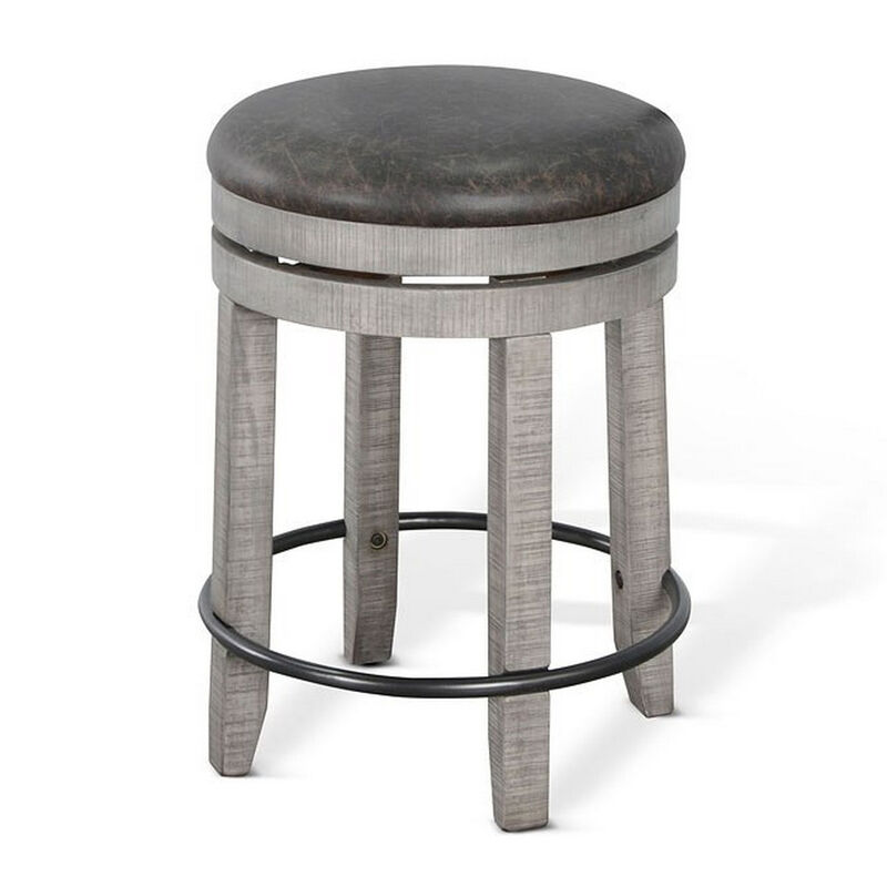 Zeka Swivel Counter Stool Set of 2, Rich Black Faux Leather, Gray - Benzara