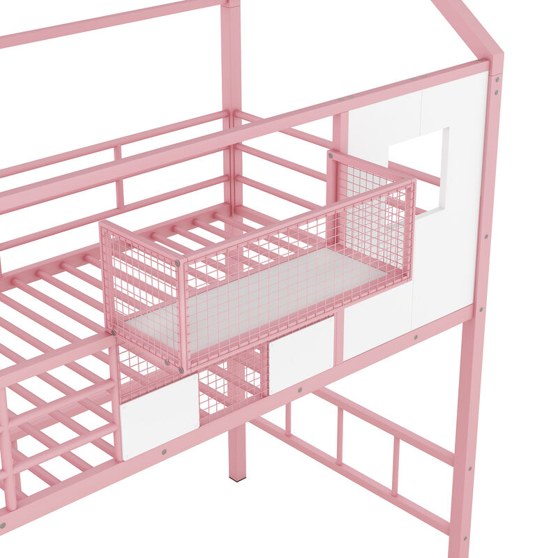 Merax Metal Loft Bed with Roof and A Storage Box