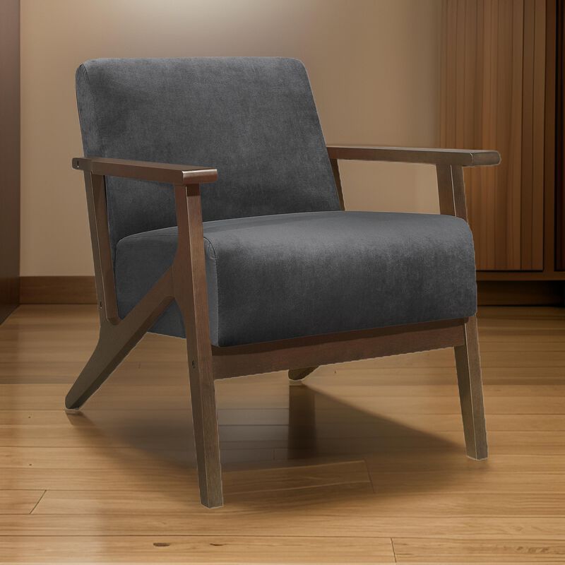 Rica 32 Inch Accent Armchair, Dark Gray Velvet, Walnut Brown Solid Wood - Benzara