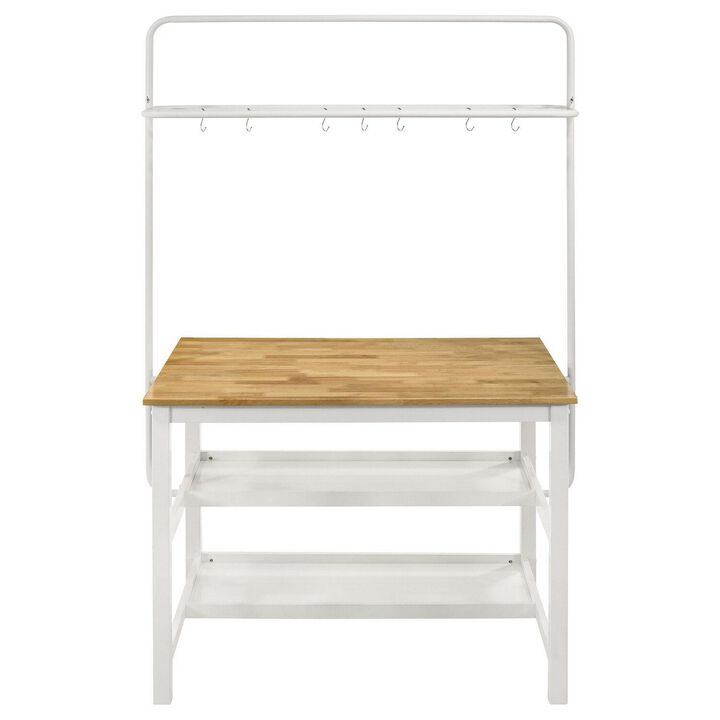 Hoa 77 Inch Counter Height Kitchen Table, Racks, Hook Stand, White Wood - Benzara