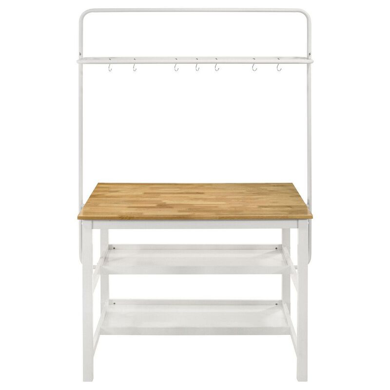 Hoa 77 Inch Counter Height Kitchen Table, Racks, Hook Stand, White Wood - Benzara