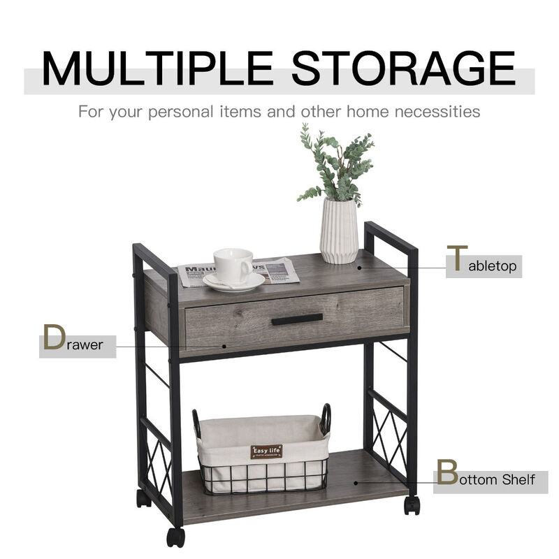 Gray Bedside Table: Rustic Wood Side Table with Drawer and Wheels