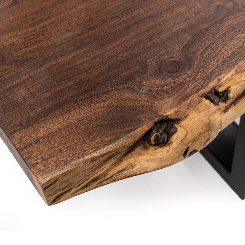 Cid Xue 102 Inch Dining Bench, Brown Live Edge Rectangular Top, Black Metal - Benzara