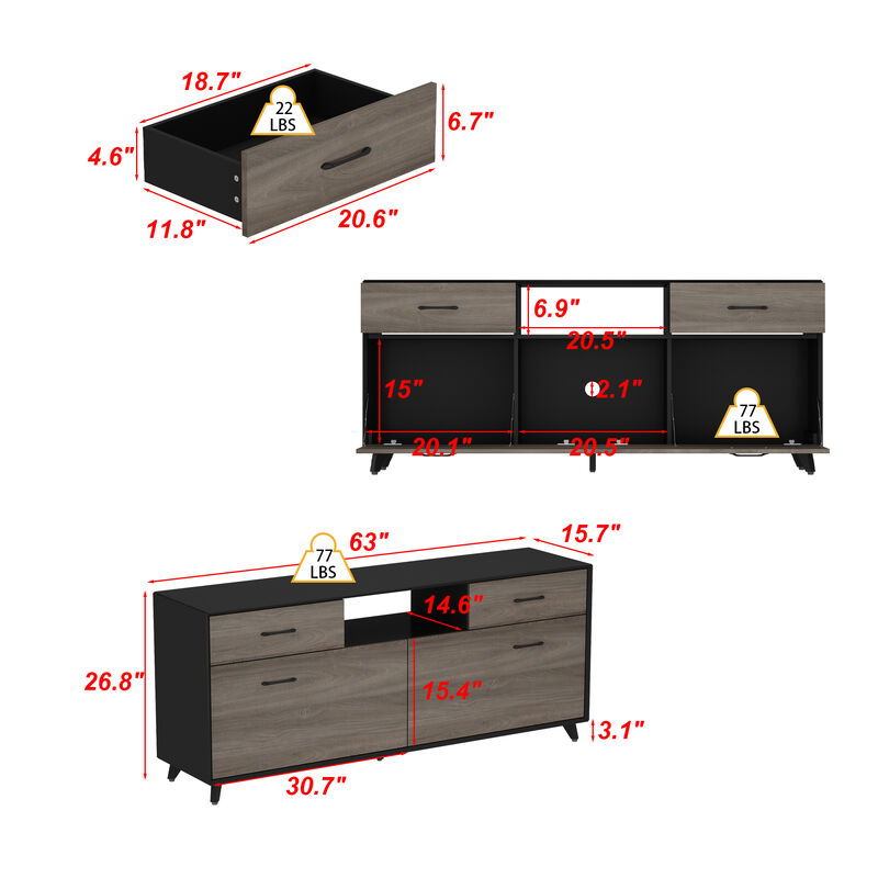 FUFU&GAGA 63" Modern TV Stand with Storage Drawers and Open Shelves, (63" W x 15.7" D x 26.8" H),Black and Brown