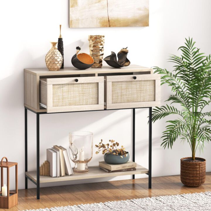 Hivvago Rattan Console Table Boho Entryway Table with 2 Rattan Drawers and Open Storage Shelf