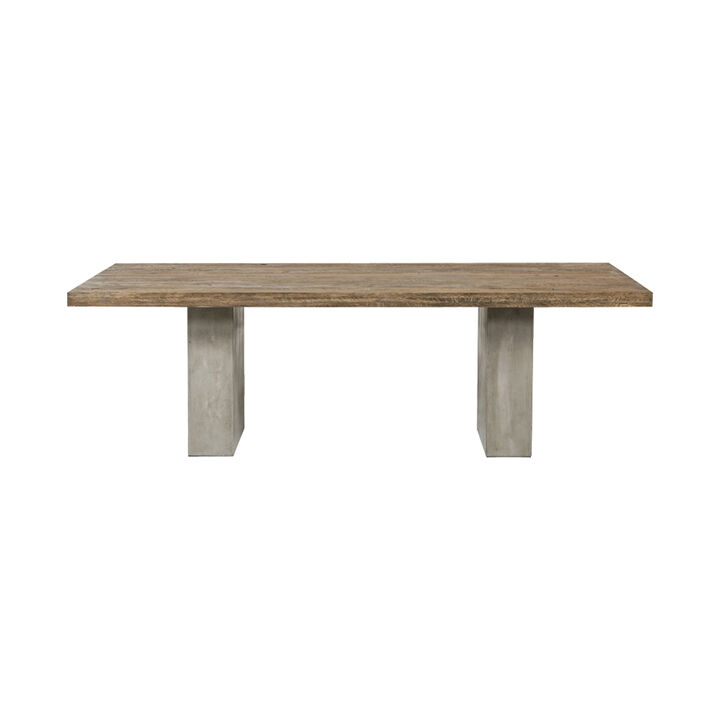 Cid Ari Dining Table, Concrete Base 118 Inch Rectangular Brown Oak Top - Benzara