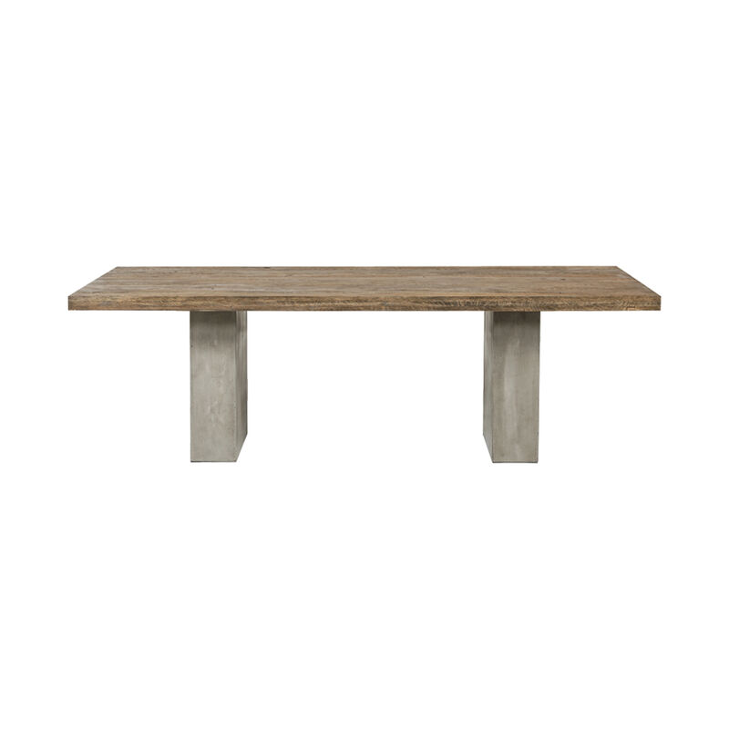 Cid Ari Dining Table, Concrete Base 118 Inch Rectangular Brown Oak Top - Benzara