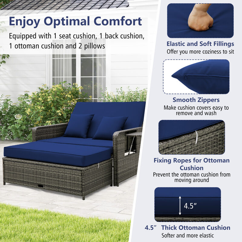 Wicker Loveseat Sofa with Multipurpose Ottoman and Retractable Side Tray