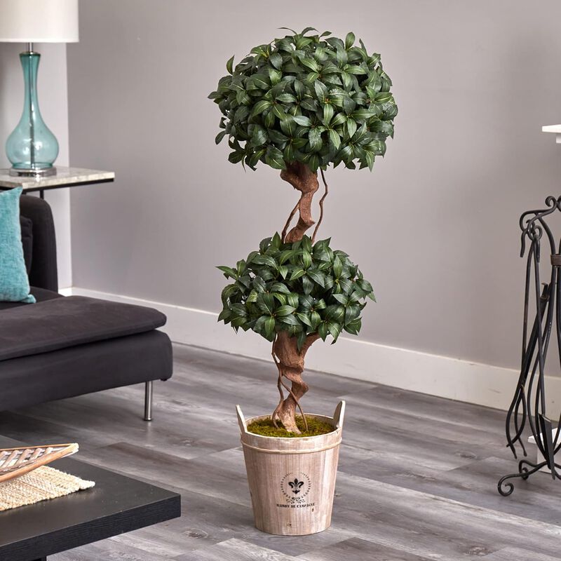 Hivvago 4.5 Feet Sweet Bay Double Topiary Tree in Farmhouse Planter