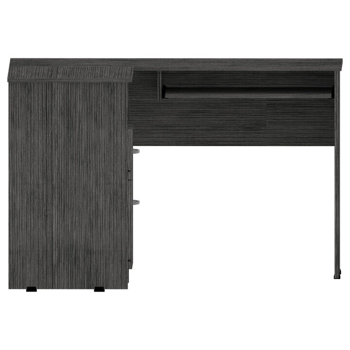 Mix L-Shaped Desk, Keyboard Tray, Two Drawers, Single Open Shelf - Smokey Oak
