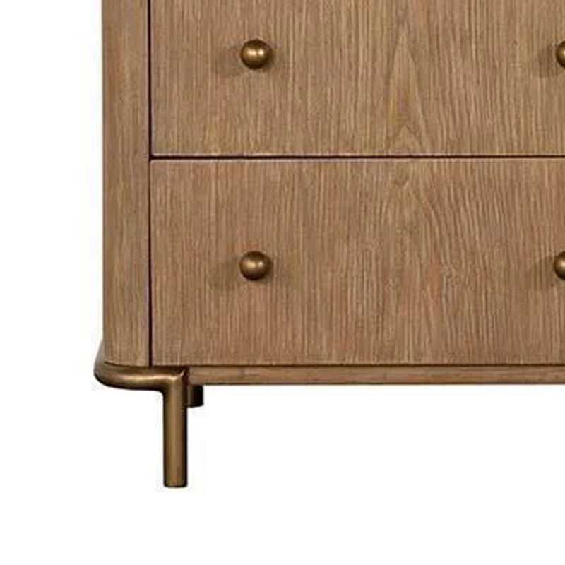 Hiz 29 Inch 3 Drawer Nightstand with Dual USB Ports, Brass Legs, Brown-Benzara
