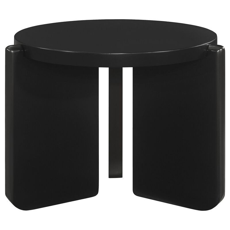 Kiya Side End Table, Panel Legs, 27 Inch Round Black Solid Wood Frame - Benzara