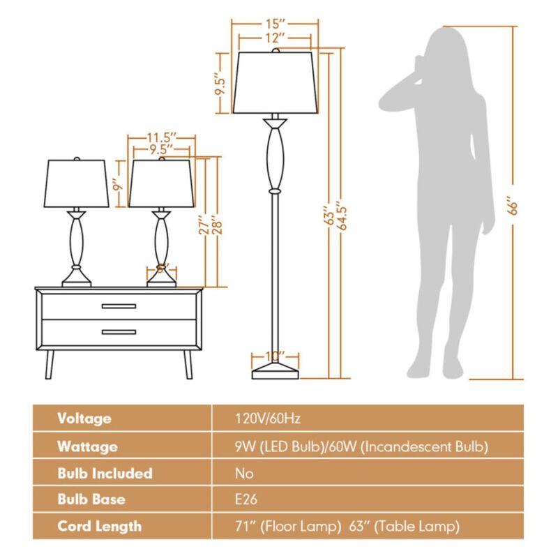 Hivvago 3-Piece Modern Nickel Finish Lamp Set-Silver