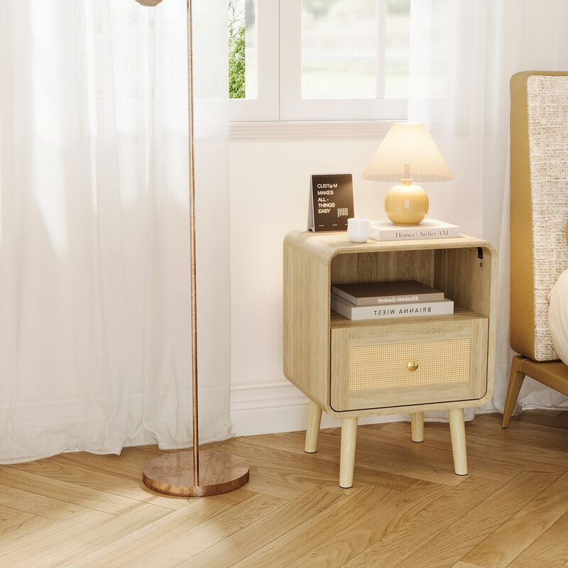 FUFU&GAGA Modern Rattan Nightstand with Drawer & Open Storage, Solid Wood Legs, Natural Wood Grain Finish, (17.7" W x 23.8" H x 13.9" D), Brown