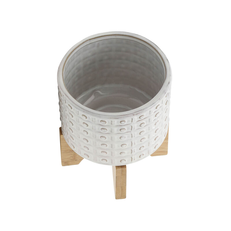 Ceramic 5" Dotted Planter with Wood Stand, Ivory