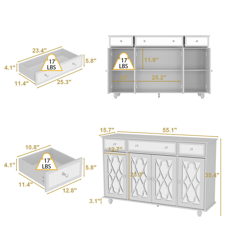 White Paint 4 Doors Mirrored Buffet Cabinet Sideboard With 3 Mirror Drawers and Adjustable Shelves for Kitchen Dining