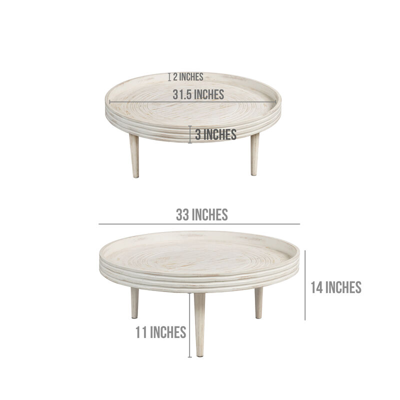 33 Inch Coffee Table, Solid Mango Wood, Handcrafted Round Grooved Raised Edge, Distressed White - Benzara