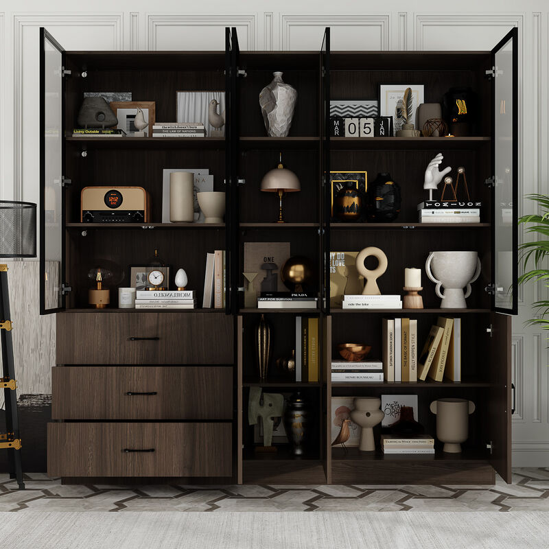 78.7”W Display Cabinet Curio Cabinet with Light & Pop-up Glass Doors, Storage Cabinet Bookcase with 5-Tier Shelves & 3 Drawers for Living Room/Home Office, Dark Brown (78.7”W x 15.7”D x 78.7”H)