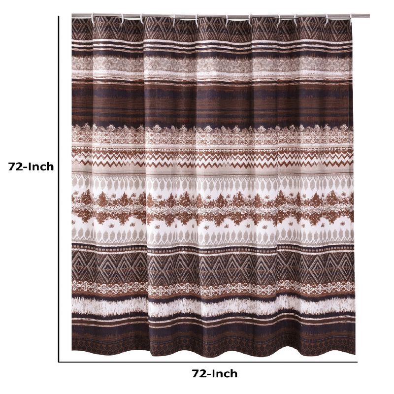 Roca 72 Inch Shower Curtain, Coffee Brown Striped Printing, Button Holes-Benzara