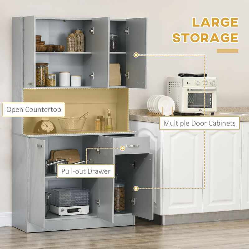 Elegant 71" Gray Kitchen Buffet: 6-Door Storage, Shelves, Drawer