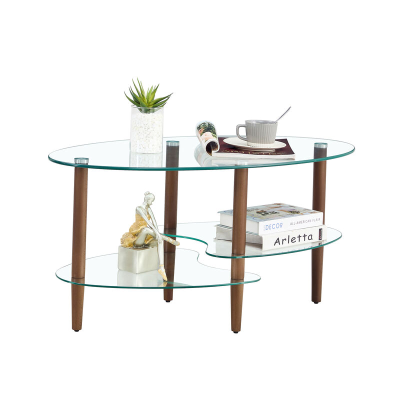 Modern Oval Glass Coffee Table with Oak Wood Legs
