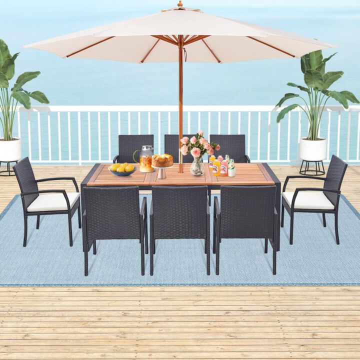 Hivvago 9 Pieces  Patio Rattan Dining Set with Acacia Wood Table for Backyard  Garden-L-shaped Handrail