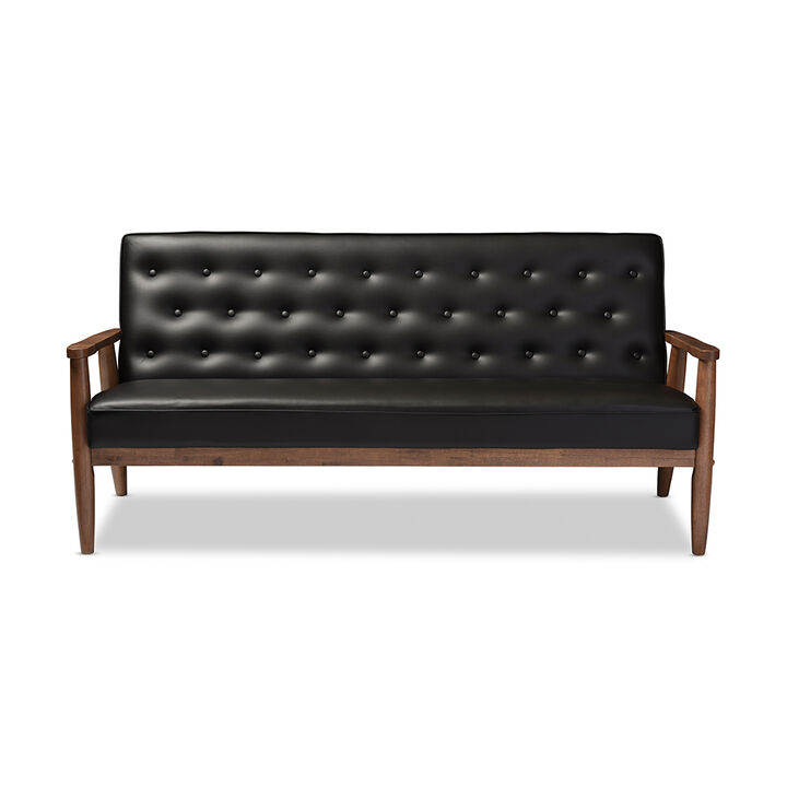 Baxton Studio Sorrento Mid Century Tan Faux Leather Upholstered Wood Sofa