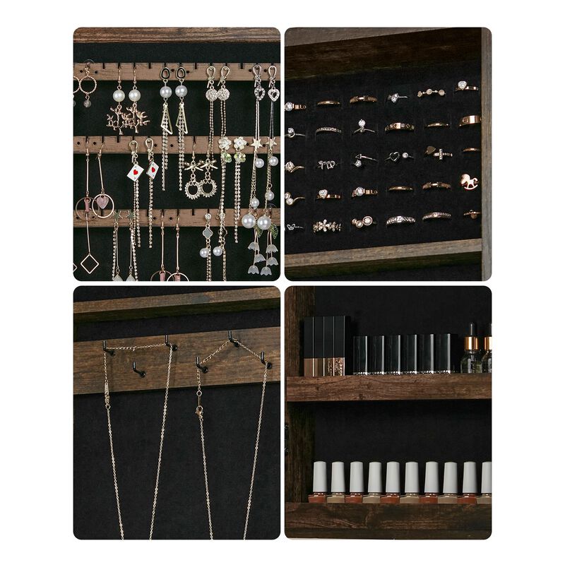 Space-Saving Wall-Mounted Jewelry Cabinet with Mirror and Lock - Rustic Brown Finish