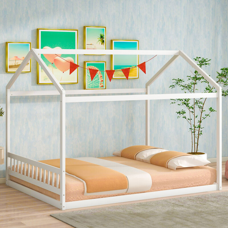 Queen Size Wooden House Bed With Headboard