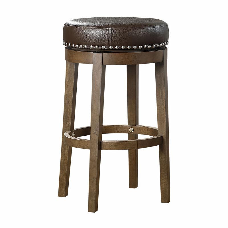 Bara 31 Inch Swivel Barstool, Brown Round Faux Leather Seat, Set of 2 - Benzara