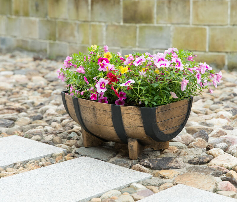 Rustic Wood- Look Plastic Half Barrel Flower Pot Garden Planter, Pack of 2